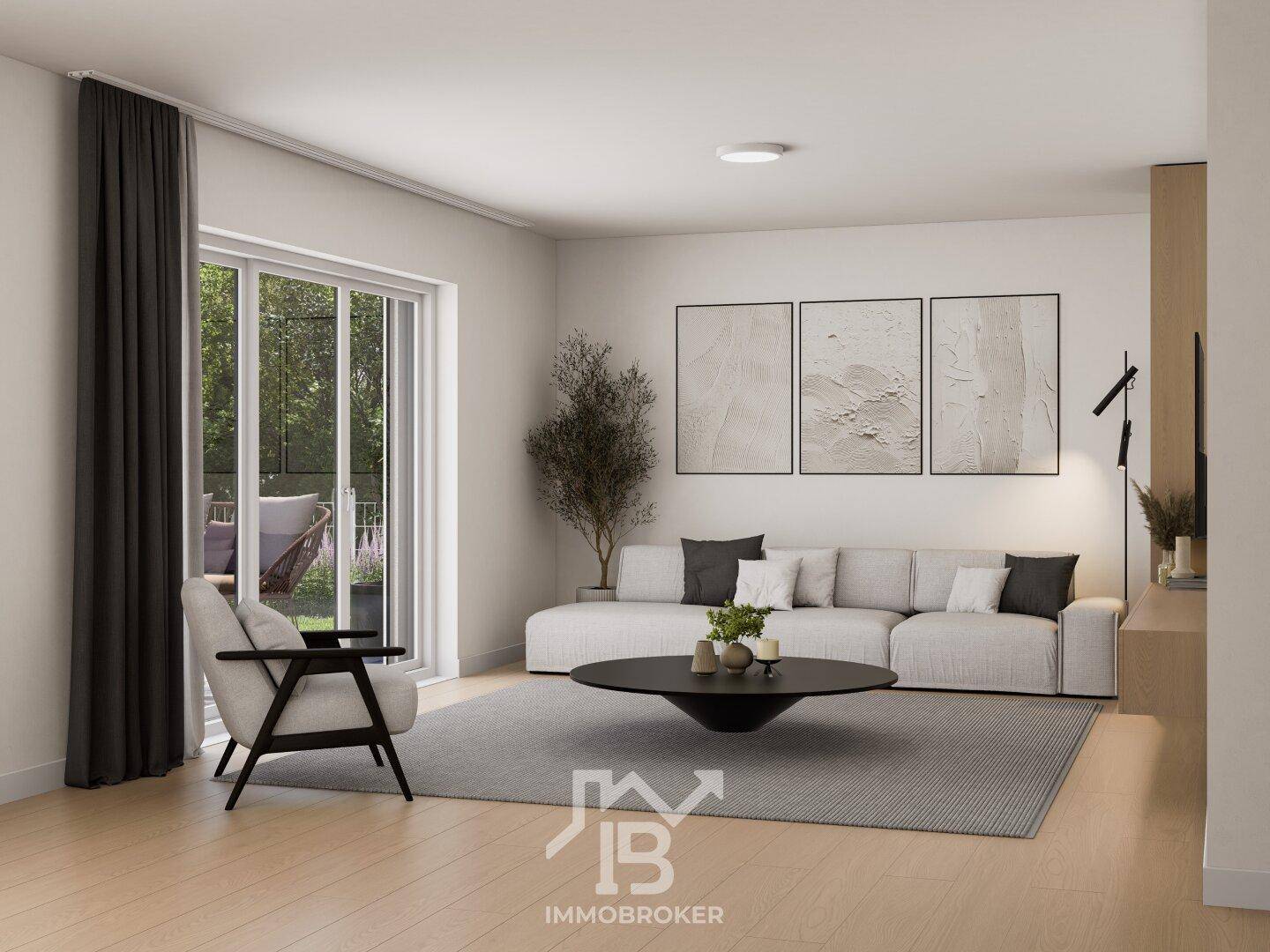 Helles, modern eingerichtetes Wohnzimmer mit Holzboden und Zugang zu einem Balkon oder einer Terrasse.