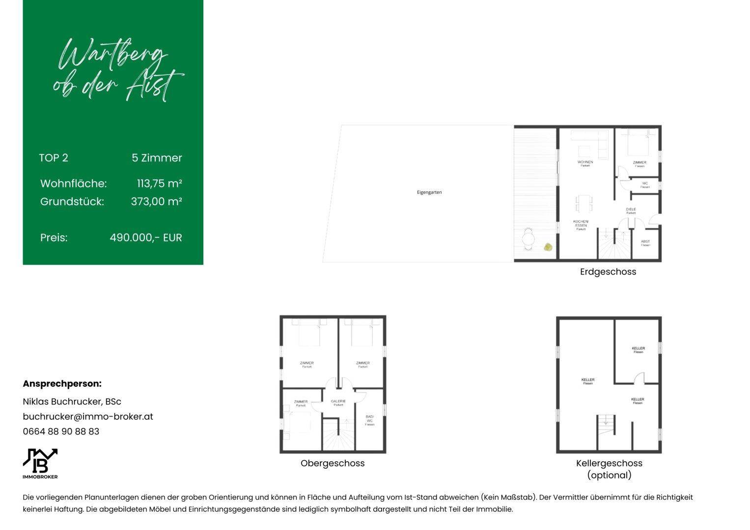 Detaillierter Grundriss für TOP 2 mit Erdgeschoss, Obergeschoss und Kellergeschoss.