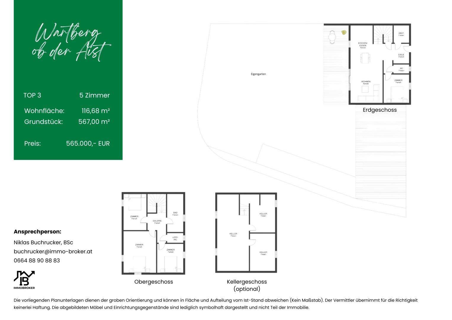 Grundrissplan der Immobilie mit Erdgeschoss, Obergeschoss und optionalem Kellergeschoss.