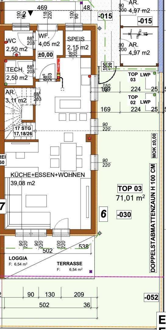 Detaillierter Grundriss des Erdgeschosses mit offenem Wohnbereich, Küche und Terrasse.