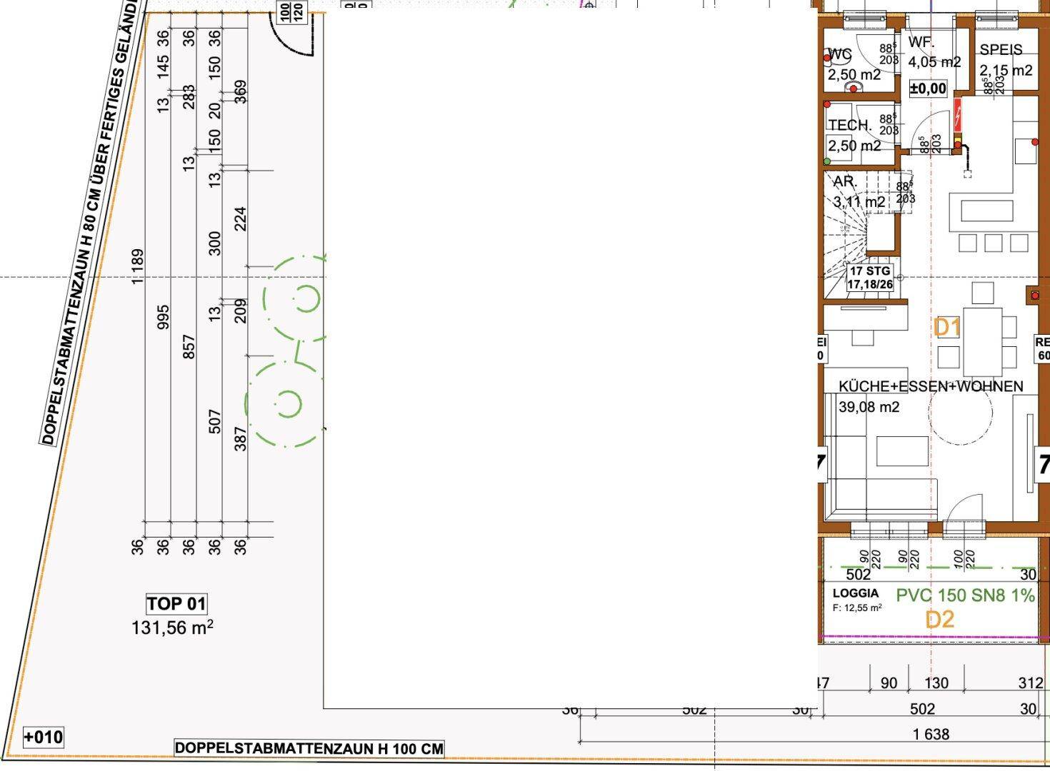 Grundriss des Erdgeschosses mit offenem Wohn-Essbereich, Speisekammer und Loggia.