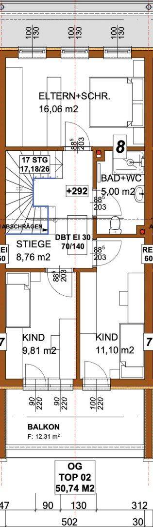 Grundriss des Obergeschosses mit Schlafzimmern, Bad und Balkon.