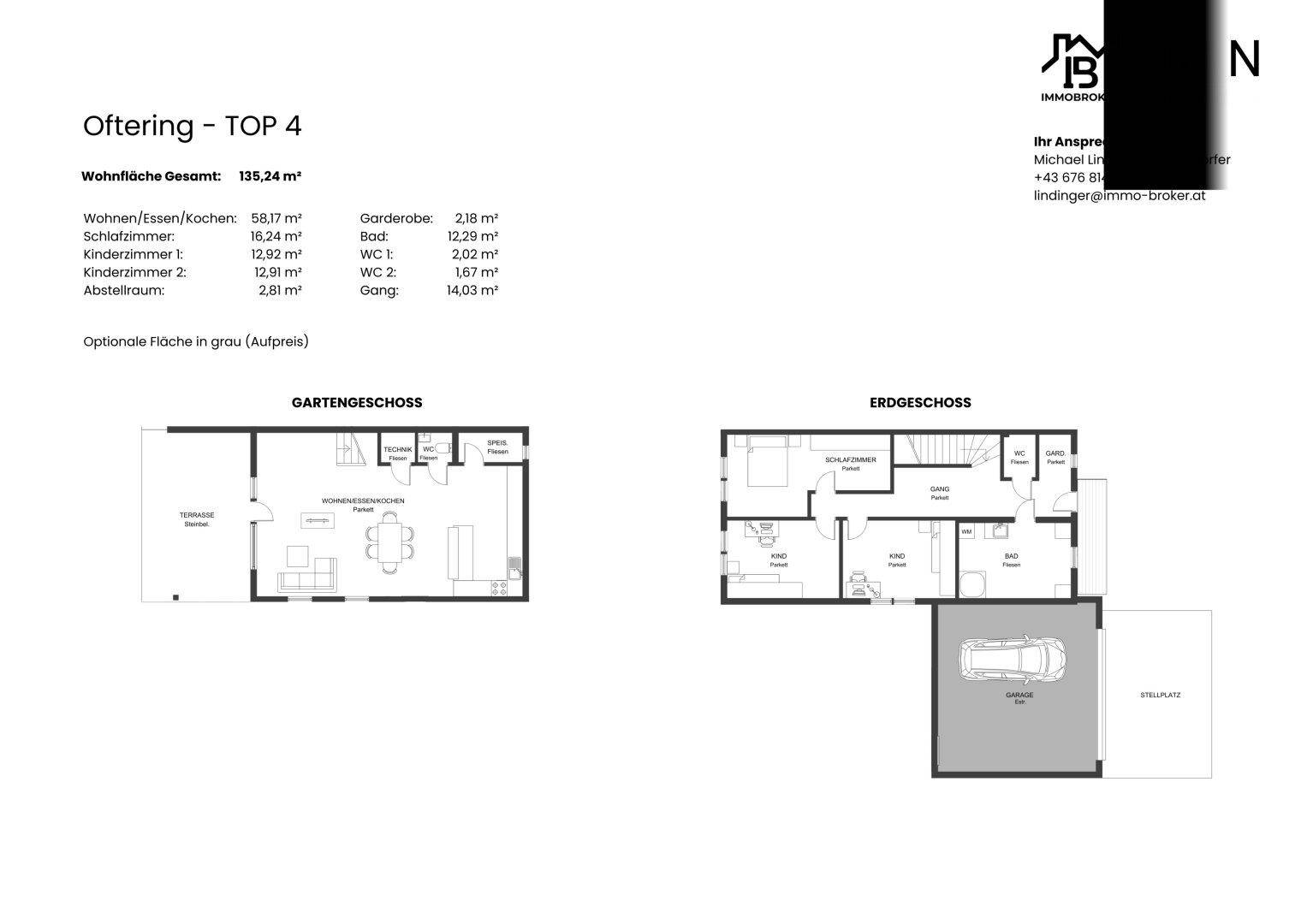 Grundriss von TOP 4 zeigt Gartengeschoss und Erdgeschoss mit offener Wohnküche und Garage.