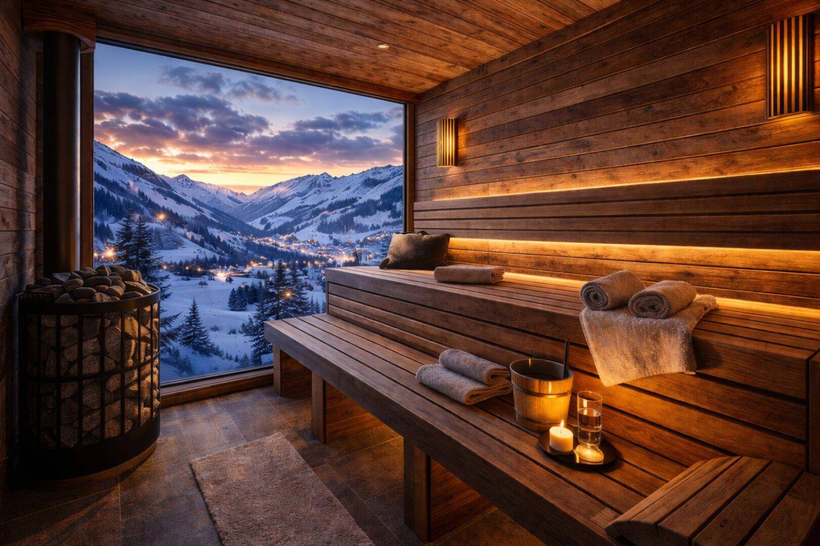 Gemütliche Sauna mit Holzbänken und Panoramafenster mit atemberaubendem Blick auf die verschneiten Berge.