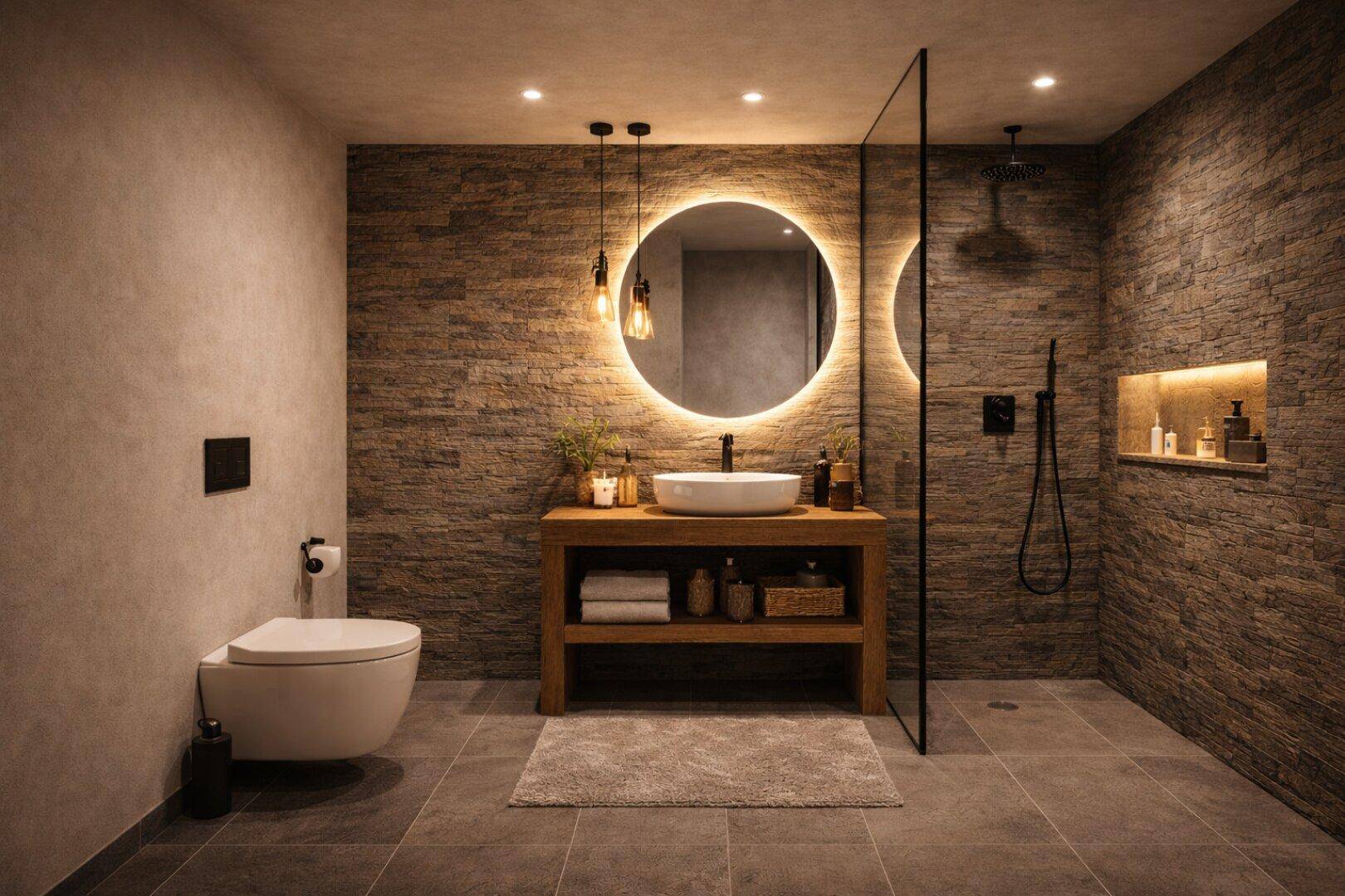 Elegantes Badezimmer mit Steinwand, beleuchtetem Rundspiegel und ebenerdiger Dusche.