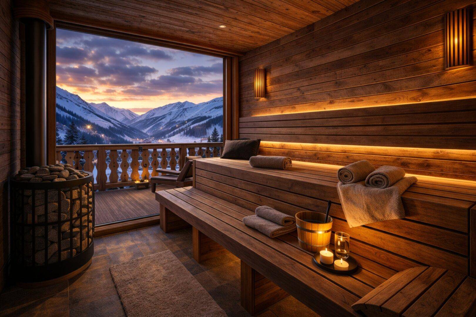 Exklusive Sauna mit Holzausstattung und direktem Zugang zu einem Balkon mit Bergblick.
