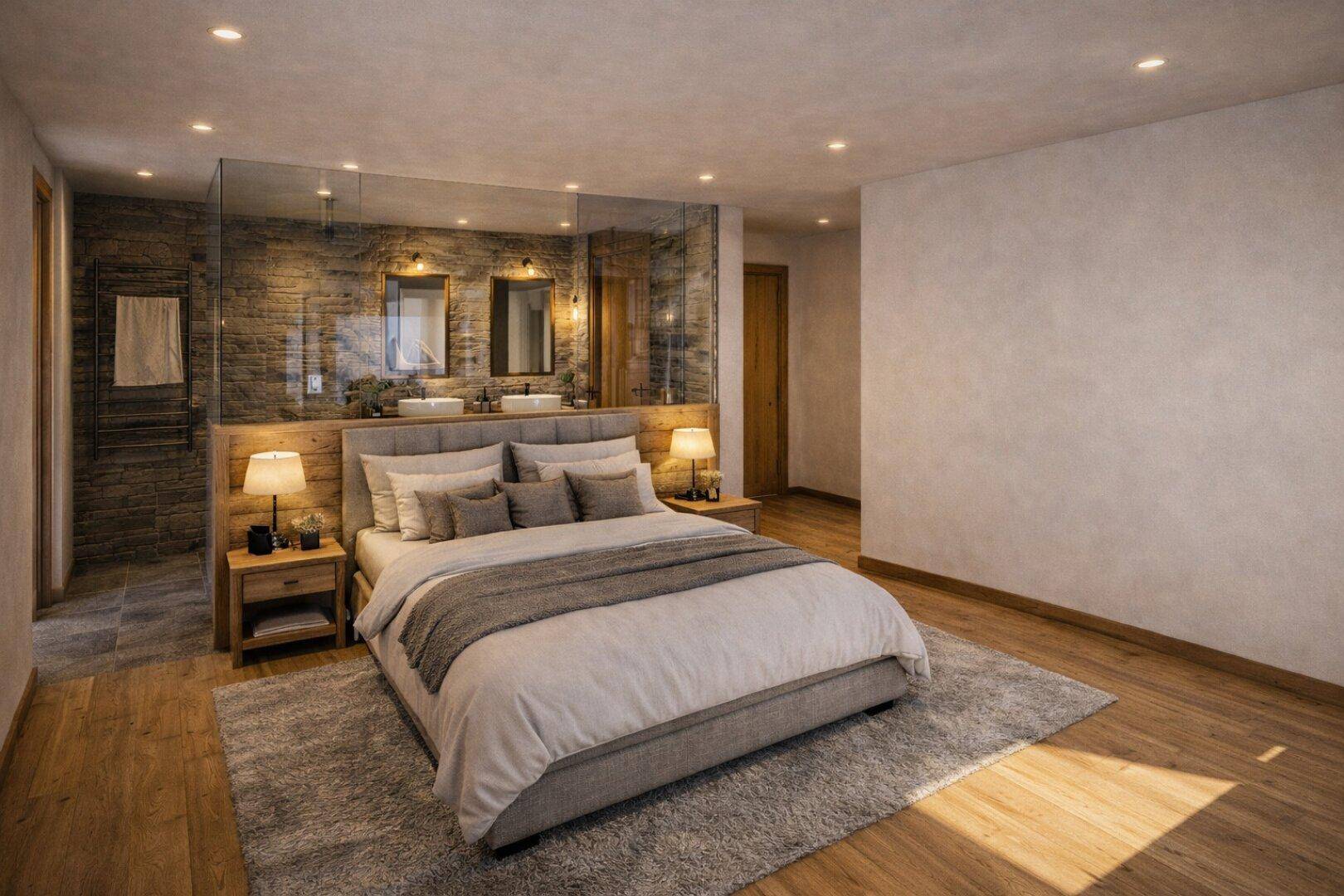 Modernes Schlafzimmer mit Holzboden und integriertem Badezimmer, abgetrennt durch eine Glaswand.