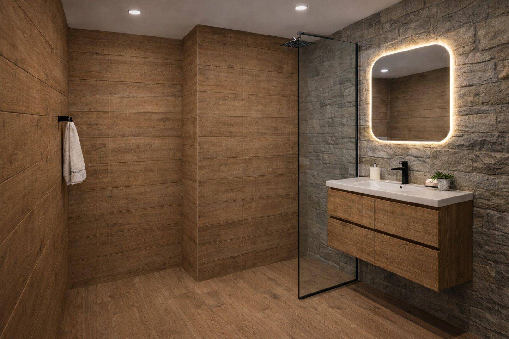 Modernes Badezimmer mit Holzwandverkleidung, Steinwand und begehbarer Dusche.
