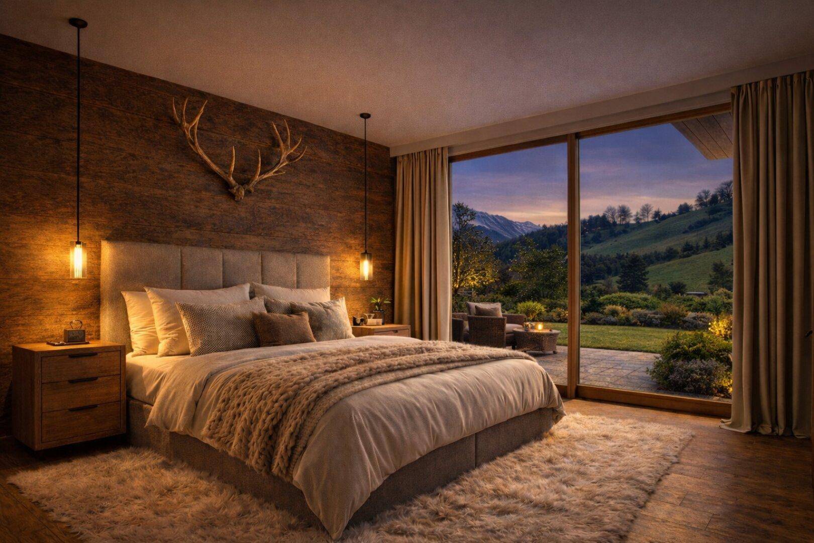 Stilvolles Schlafzimmer mit Holzwand, Hirschgeweih-Dekoration und Panoramablick auf die Berge.