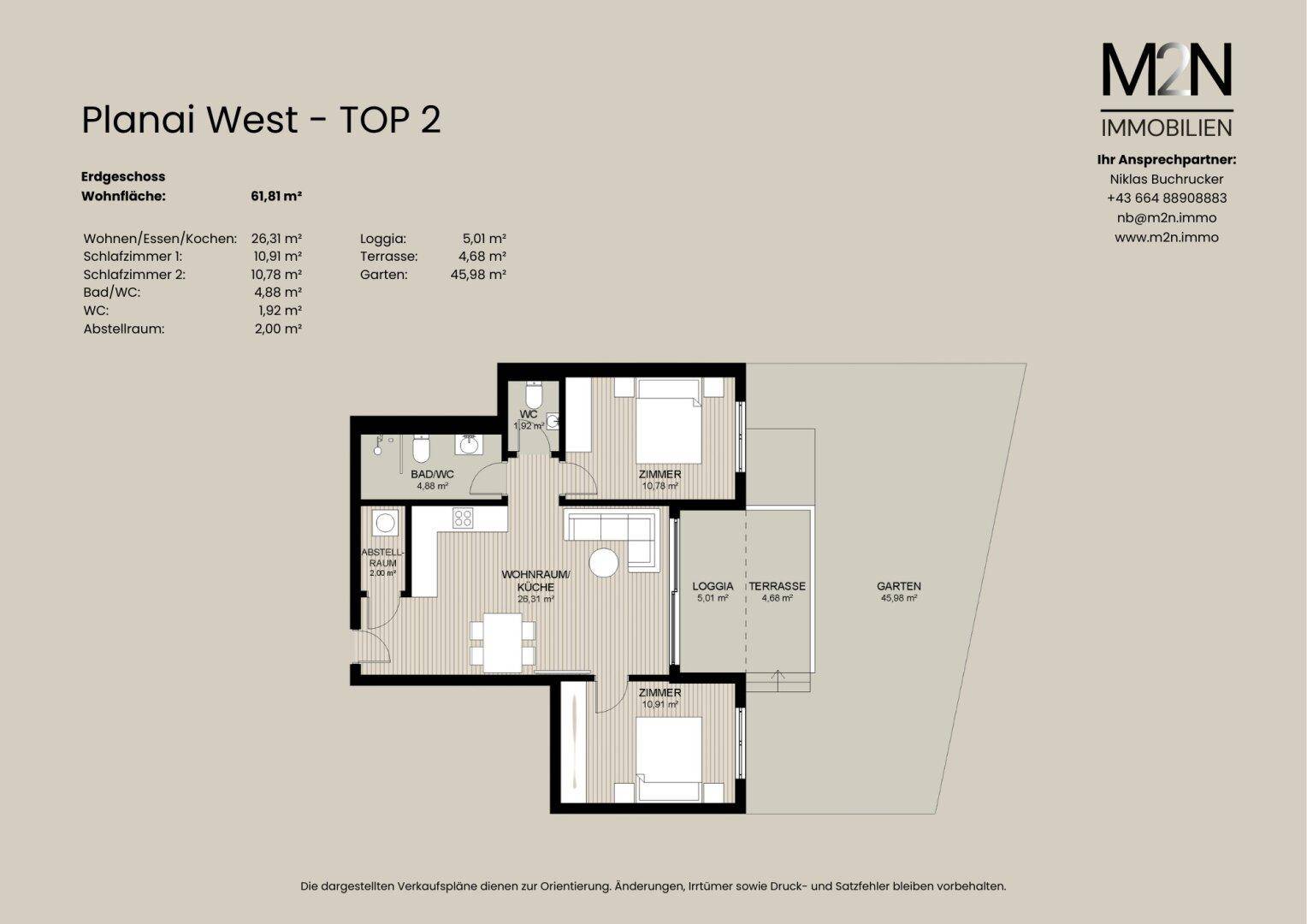Grundriss der Wohnung Top 2 mit Wohn-Essbereich, zwei Schlafzimmern und Garten.