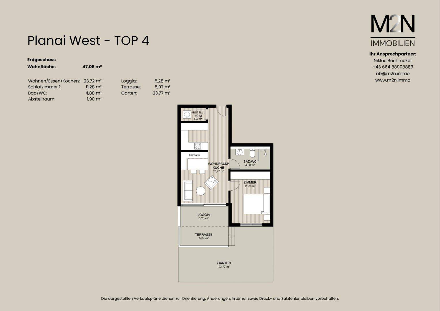 Grundriss zeigt eine Wohnung mit offenem Wohnbereich, Schlafzimmer, Bad, Loggia, Terrasse und Garten.