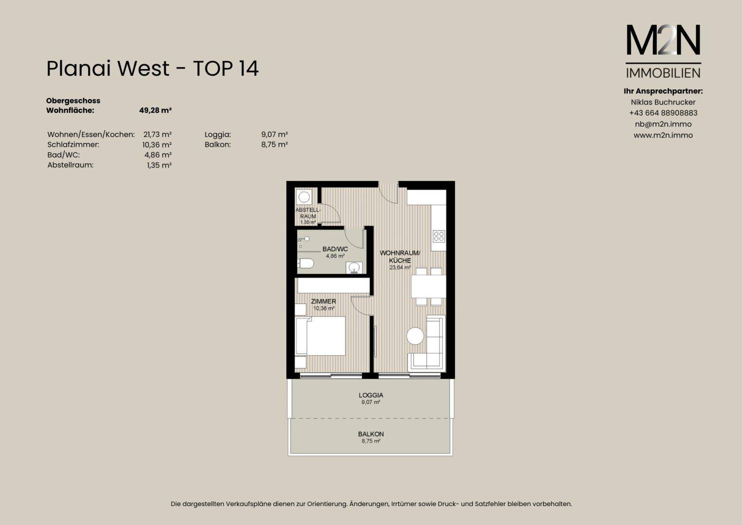 Grundriss der Wohnung Planai West TOP 14 mit Loggia und Balkon.