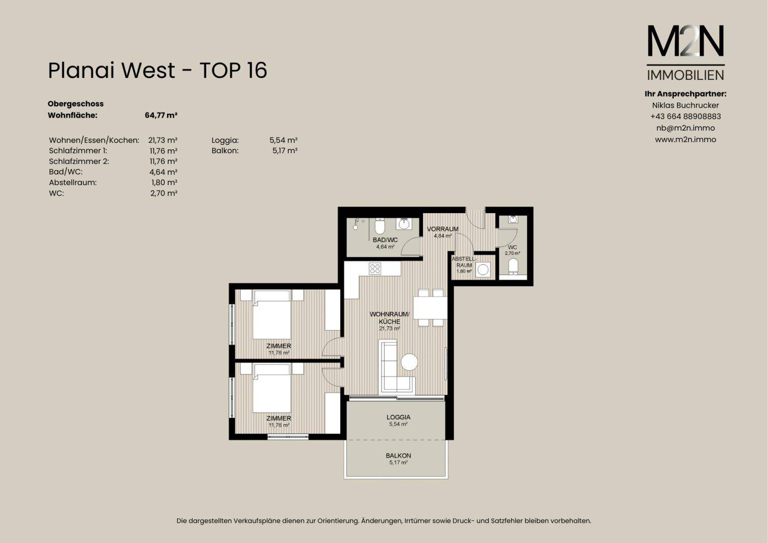 Grundriss der Wohnung Top 16 mit offenem Wohnbereich, zwei Schlafzimmern, Loggia und Balkon.