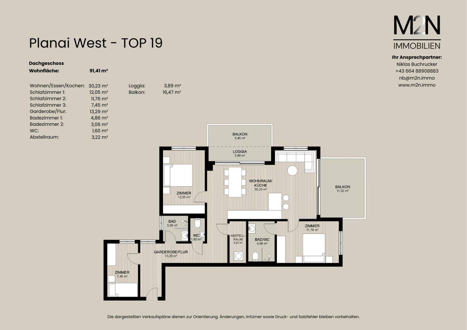 Grundriss einer Wohnung mit offenem Wohnbereich, mehreren Schlafzimmern, Bädern, Balkonen und einer Loggia.