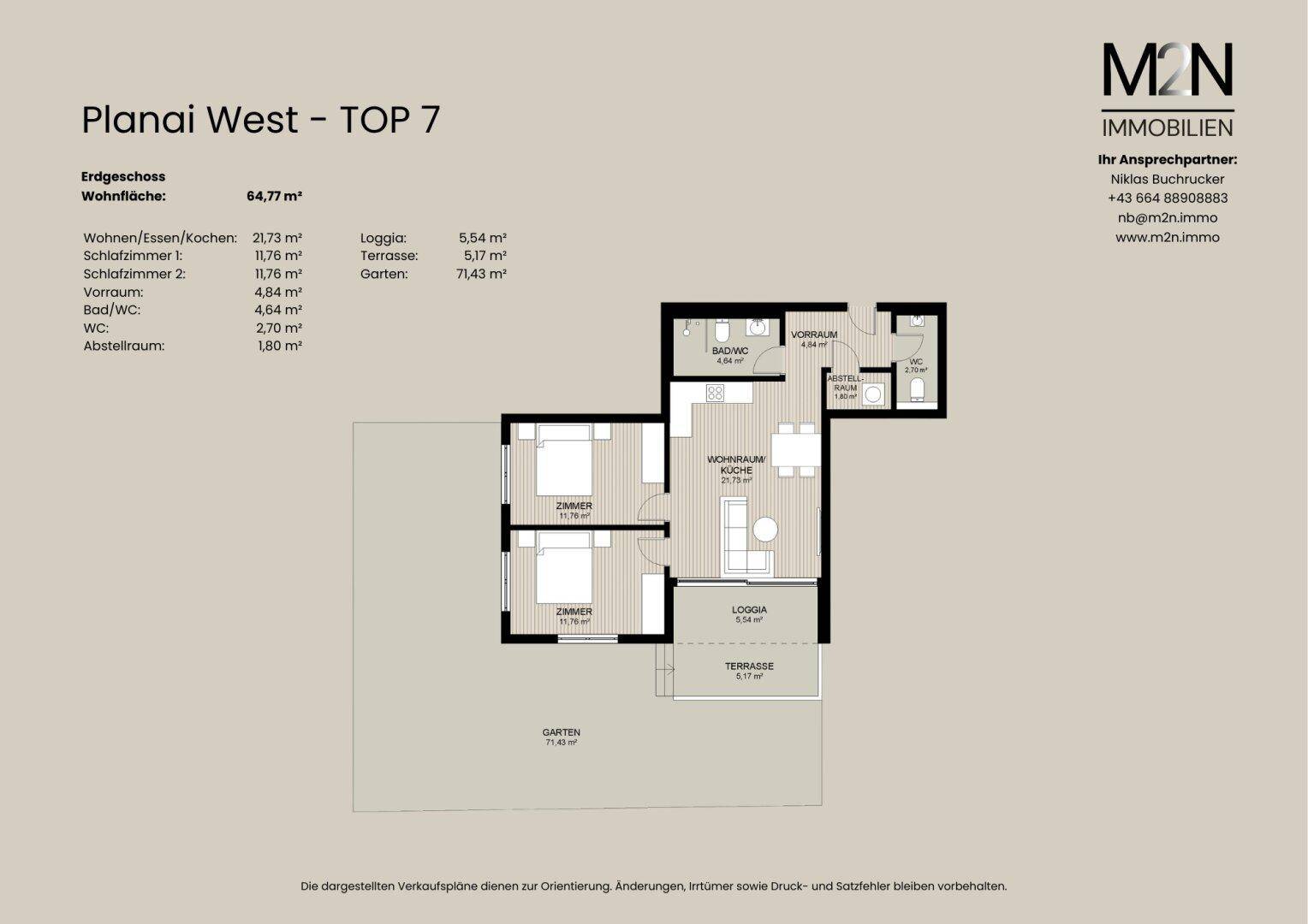 Grundriss der Wohnung Planai West Top 7 mit Wohn-/Essbereich, zwei Schlafzimmern und Loggia.