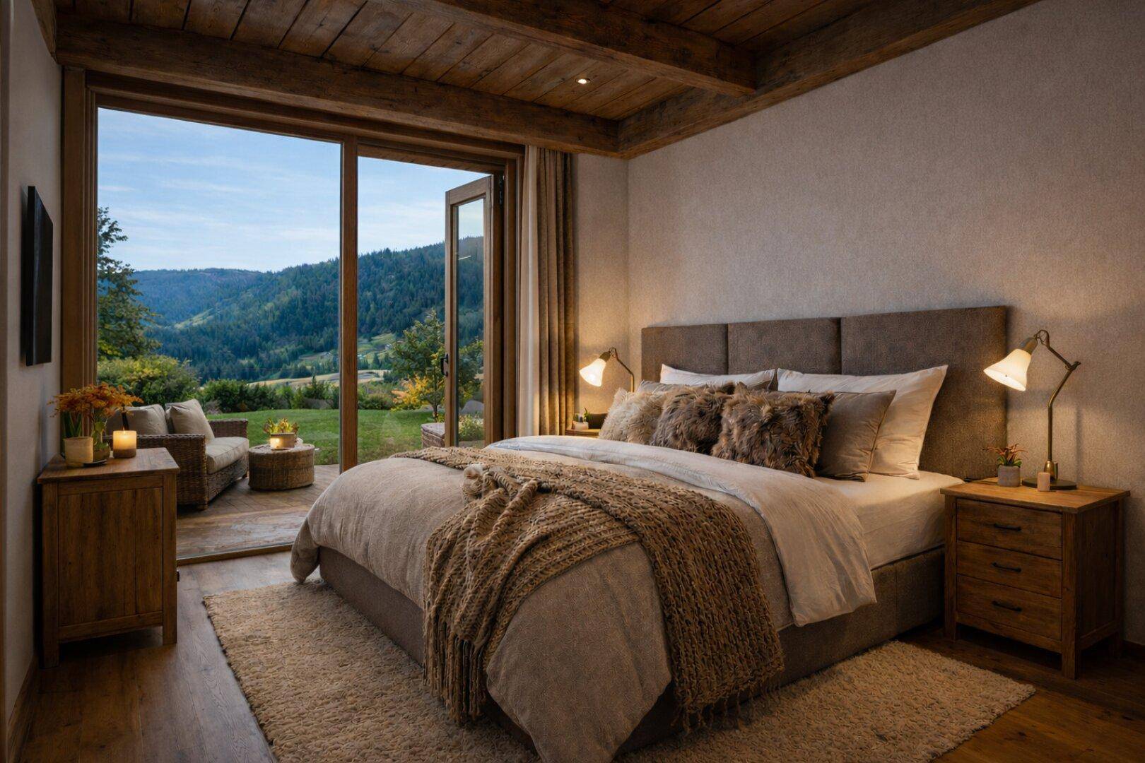 Helles Schlafzimmer mit Holzbalkendecke, Zugang zur Terrasse und Blick ins Grüne.