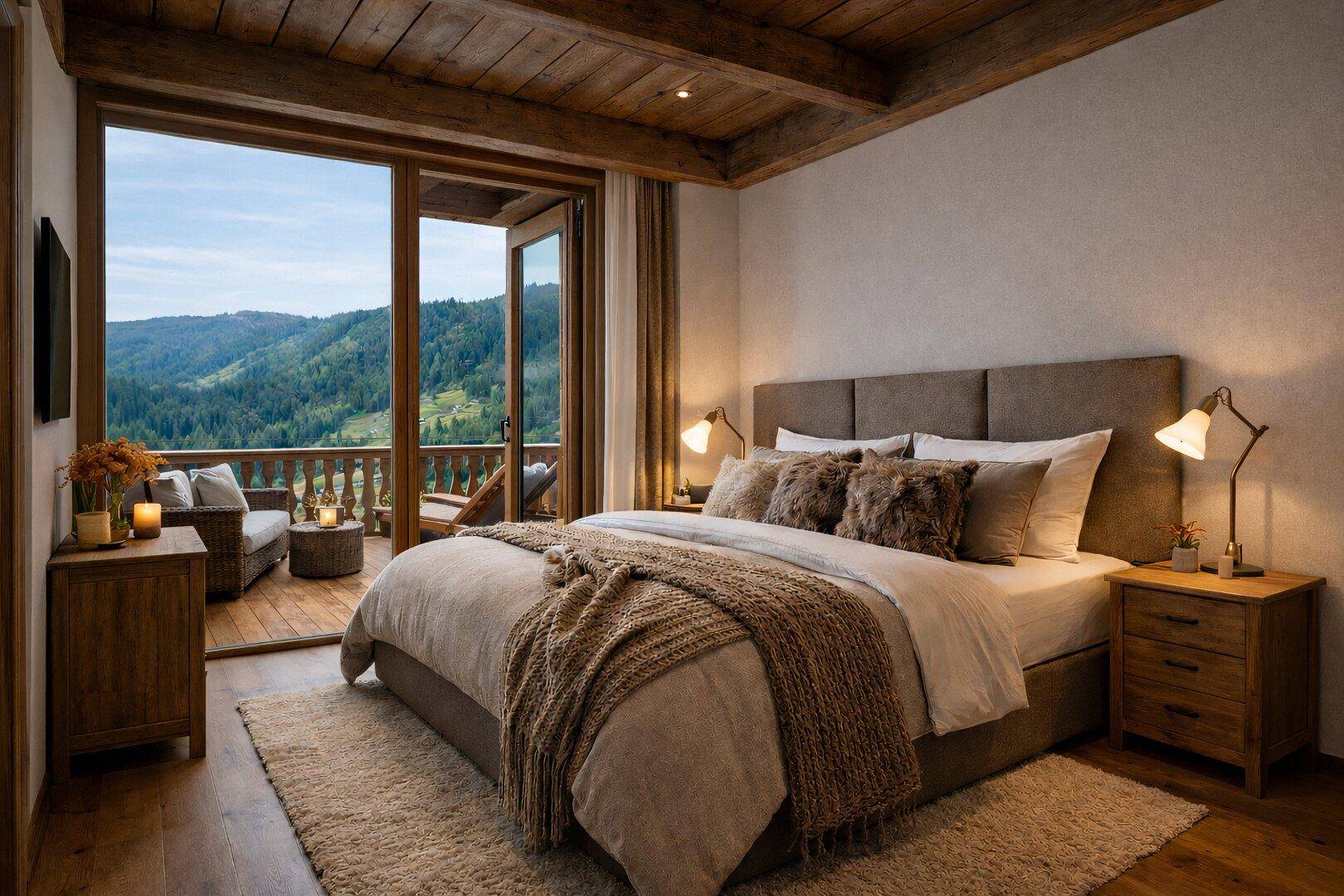 Helles Schlafzimmer mit Holzbalkendecke, großem Bett und Zugang zu einem Balkon mit Bergblick.