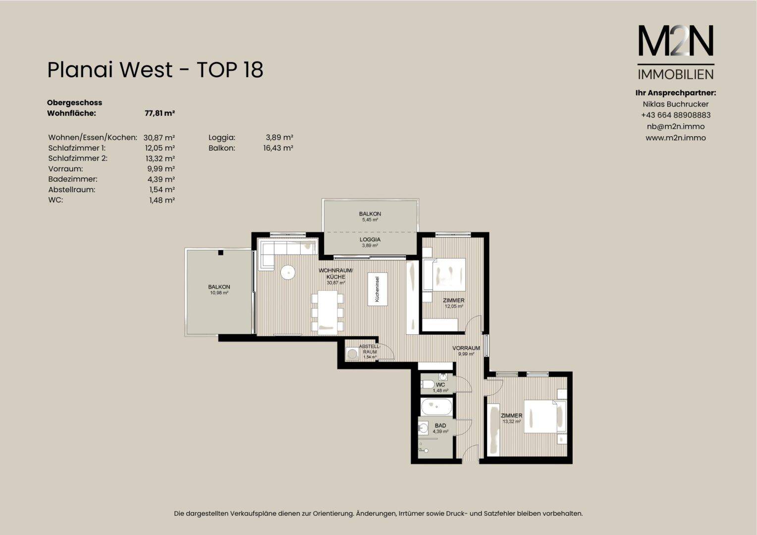 Grundriss der Wohnung "Planai West - TOP 18" mit Balkonen und Loggia.