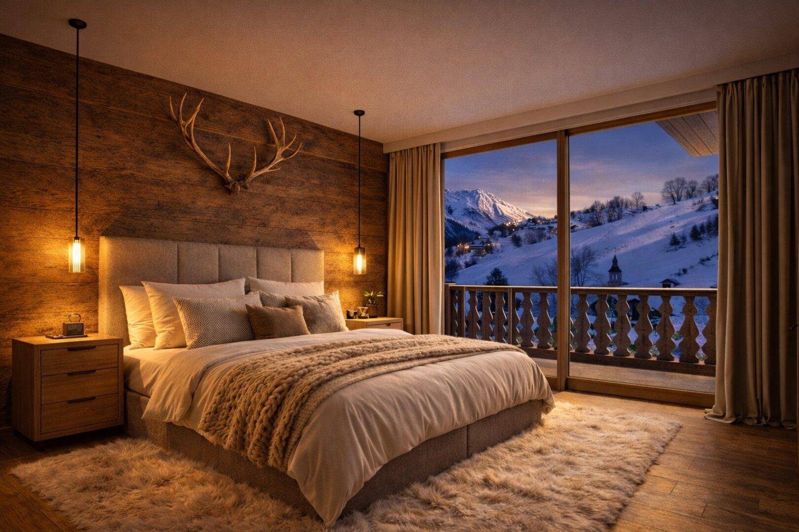 Schlafzimmer im alpinen Stil mit Holzwand, gemütlichem Bett und direktem Zugang zum Balkon mit Bergblick.