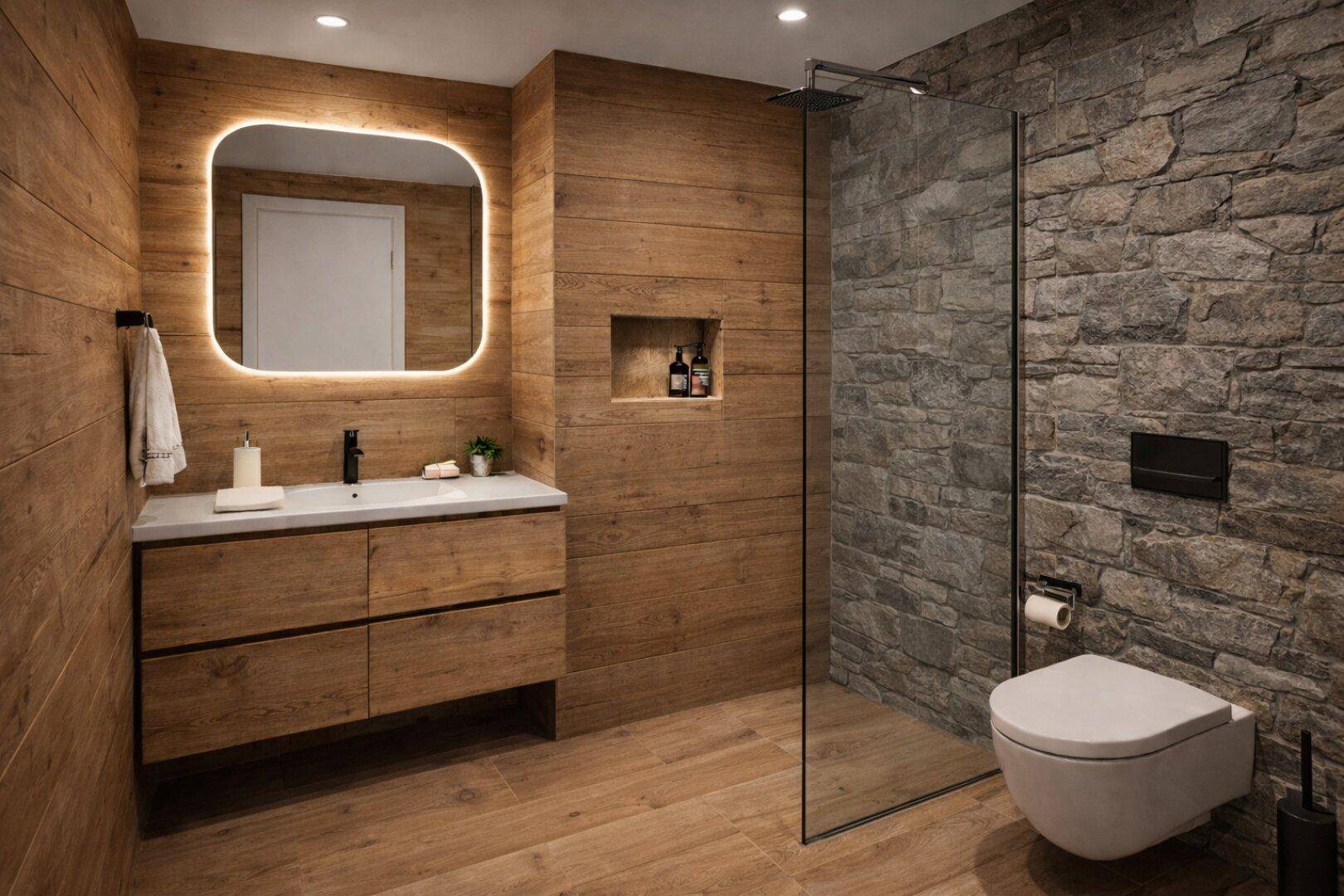 Modernes Badezimmer mit Holzverkleidung, Steinwand, begehbarer Dusche und schwebendem Waschtisch mit beleuchtetem Spiegel.