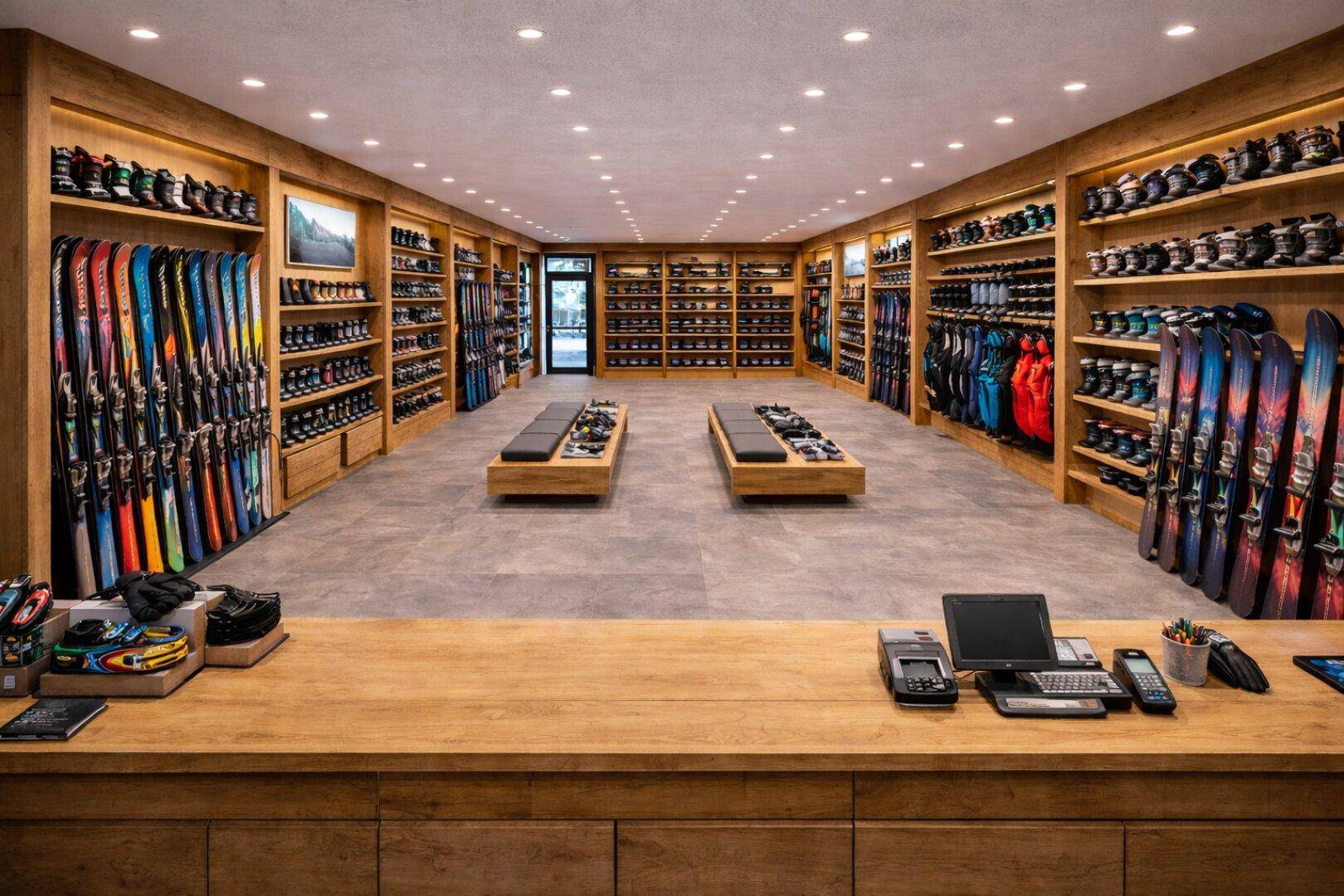 Innenansicht eines gut ausgestatteten Skigeschäfts mit Kasse, Holztheke und Sportartikeln.
