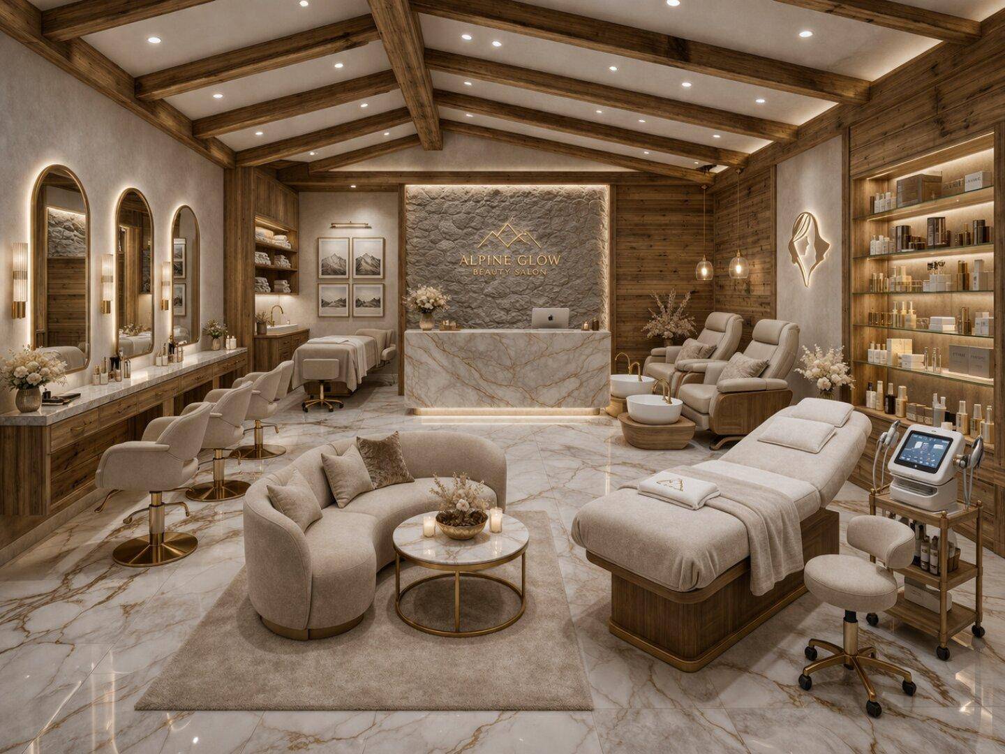 Luxuriöser Schönheitssalon mit Marmorboden, Holzbalken, Behandlungsbereichen und elegantem Design.