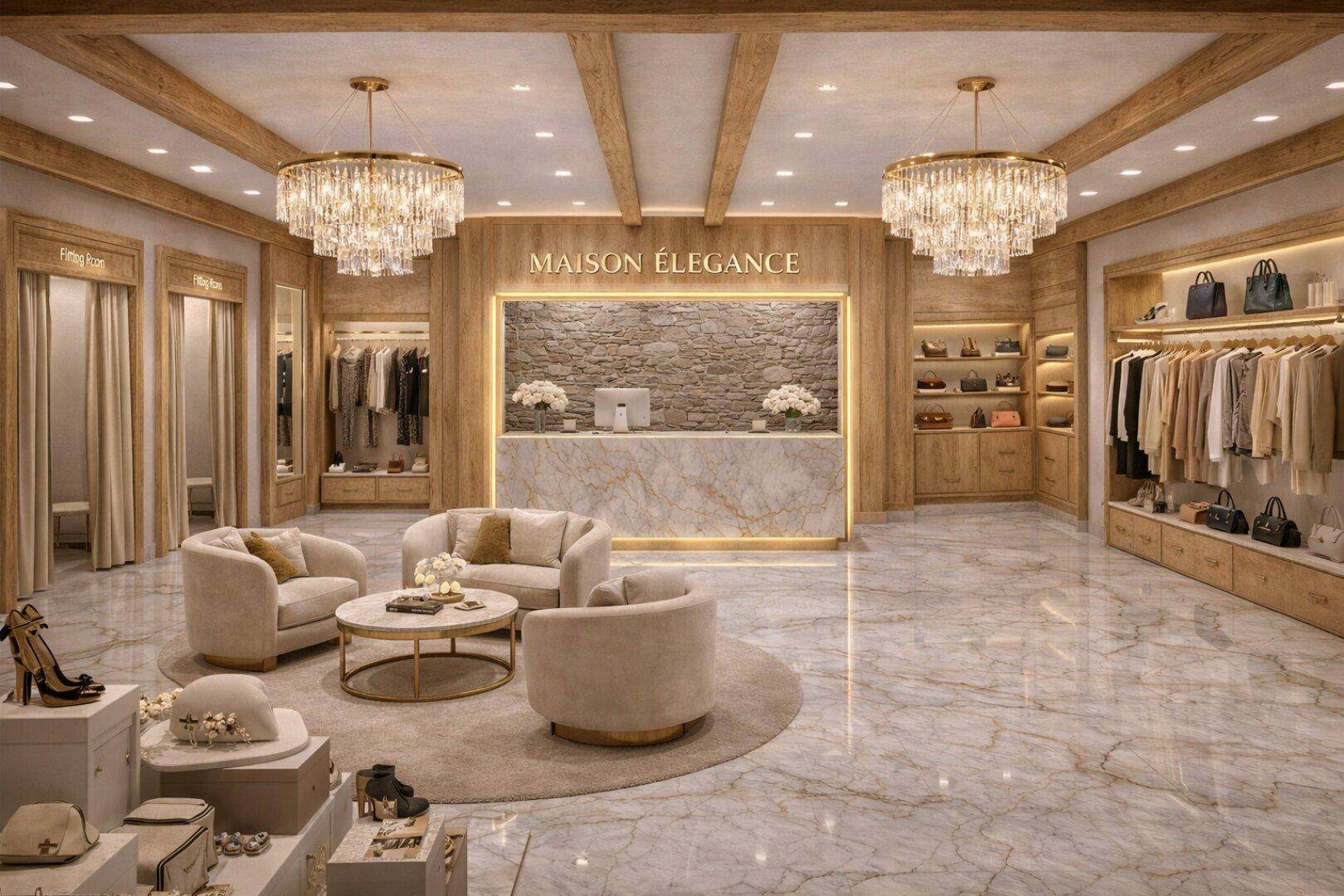 Exklusive Boutique mit Marmorboden, Holzelementen, Kronleuchtern und stilvoller Präsentation.