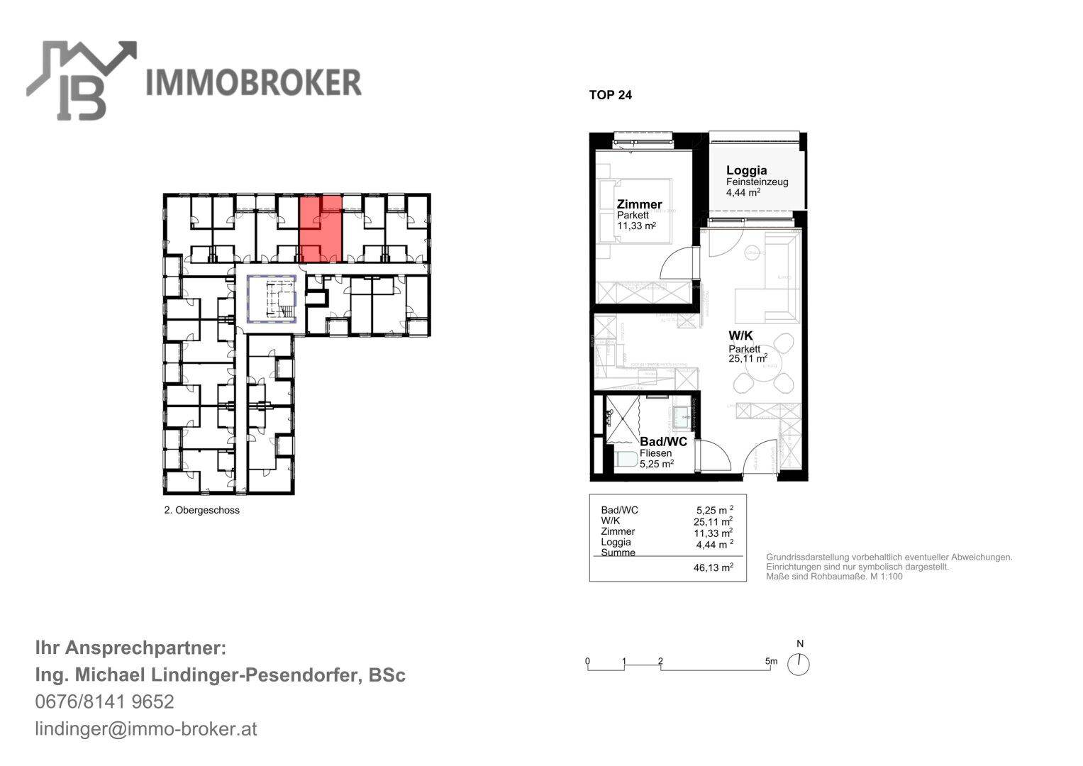 Grundriss der Wohnung Top 24 im 2. Obergeschoss mit Loggia und begehbarem Kleiderschrank.