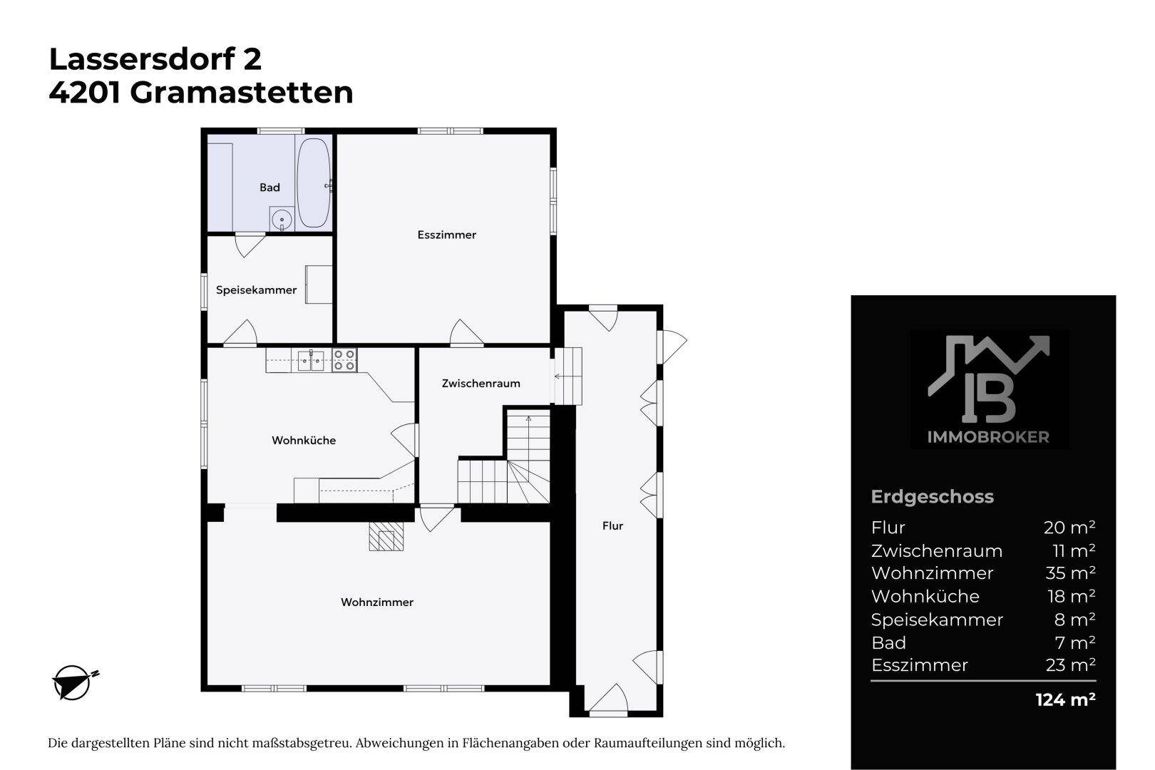 Grundriss des Erdgeschosses mit Wohnzimmer, Wohnküche, Esszimmer und Badezimmer.