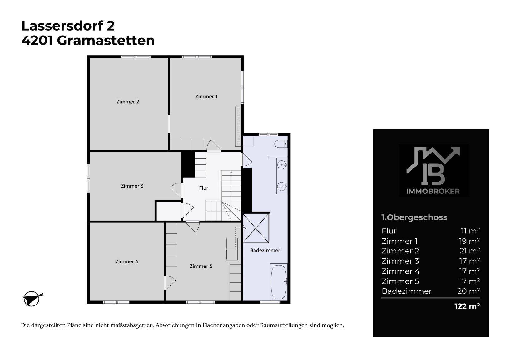 Grundriss des ersten Obergeschosses mit fünf Zimmern und einem Badezimmer.