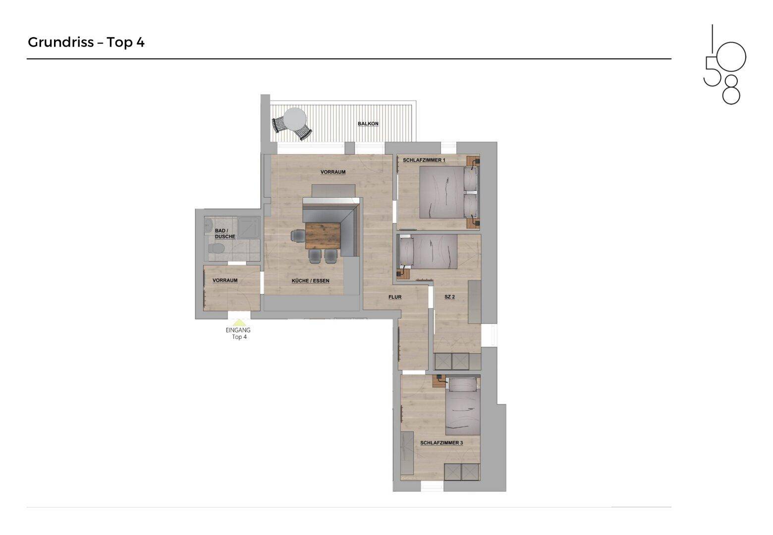 Grundriss von Top 4 mit drei Schlafzimmern, offener Wohnküche und einem Balkon.
