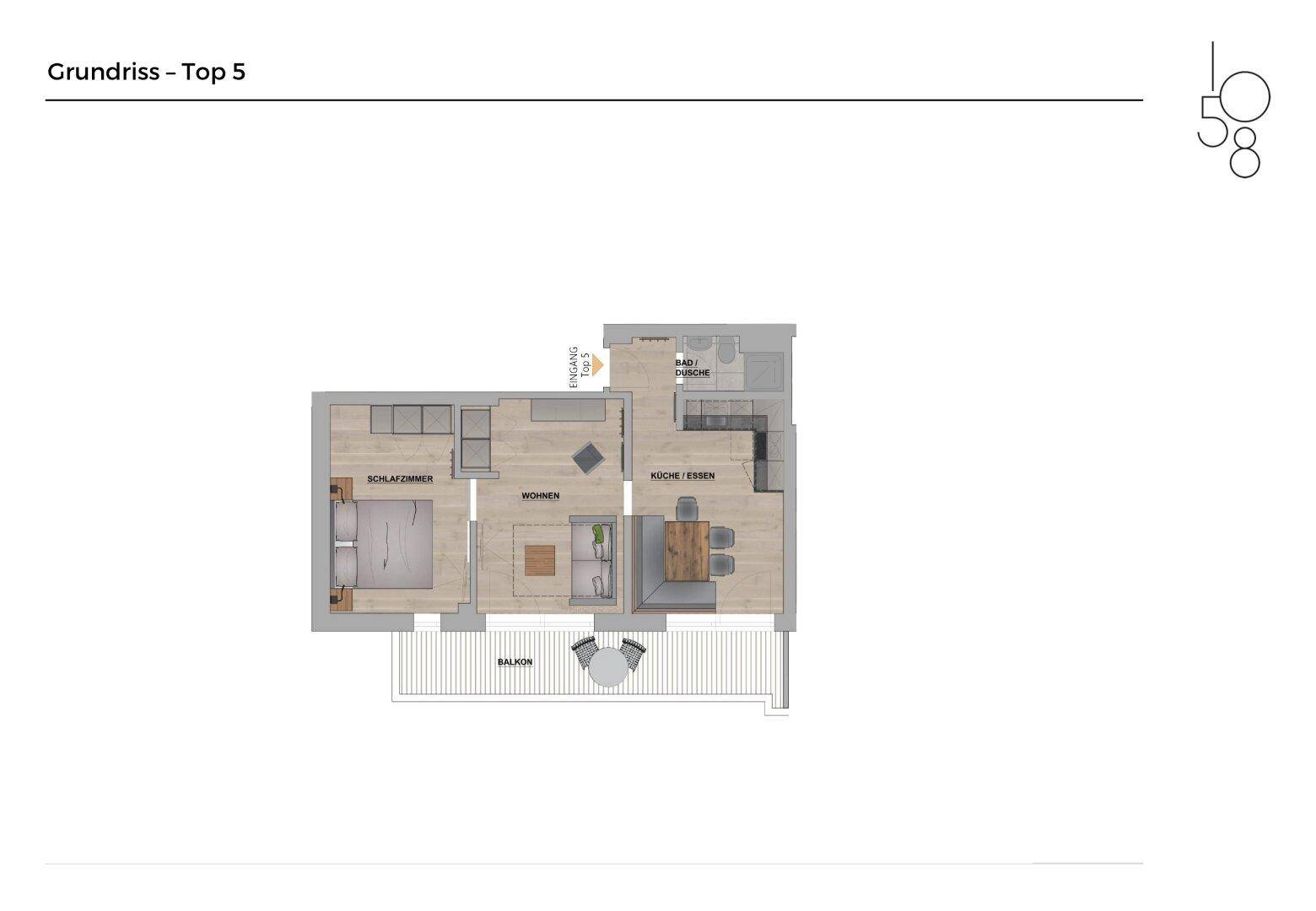 Grundriss von Top 5 mit einem Schlafzimmer, offener Wohnküche und einem Balkon.