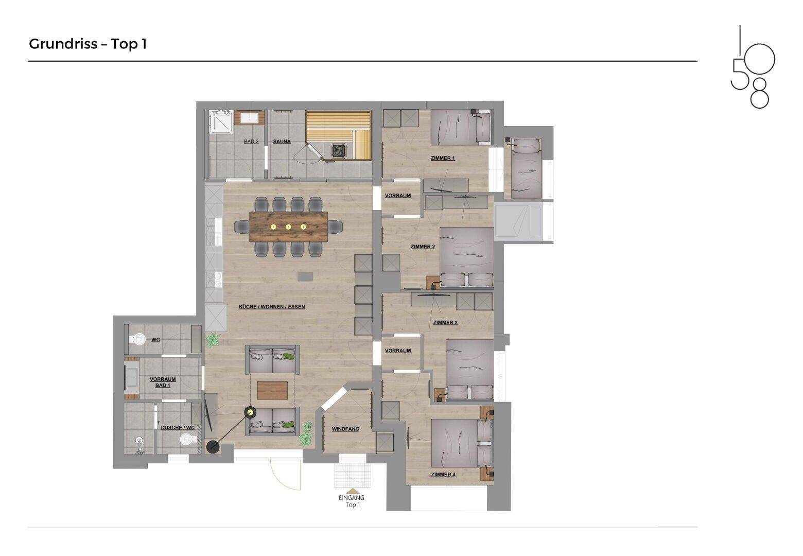 Grundriss von Top 1 mit vier Schlafzimmern, offener Wohnküche und Sauna im Badezimmer.