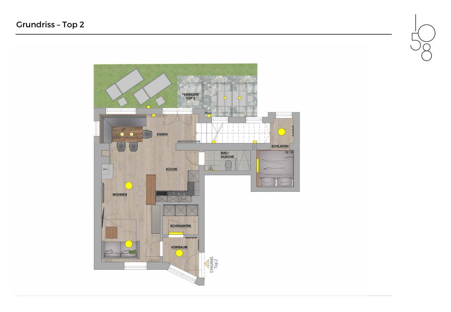 Grundriss von Top 2 mit einem Schlafzimmer, offener Wohnküche und großer Terrasse.