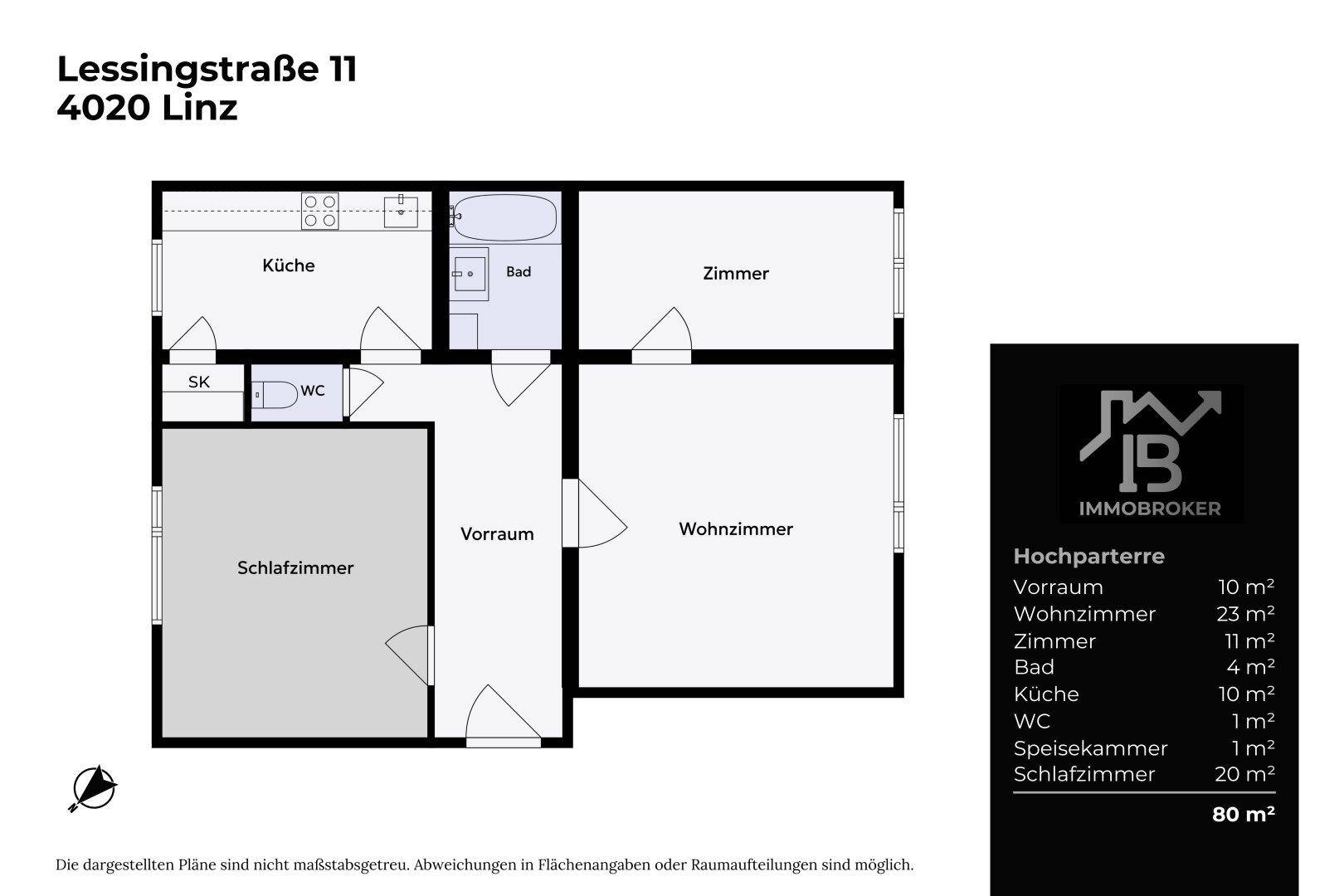 Grundriss der Hochparterre-Wohnung mit Zimmern, Bad, Küche und WC.