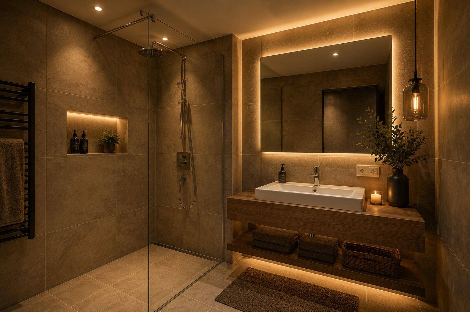Modernes Badezimmer mit begehbarer Dusche, elegantem Einzelwaschbecken und stimmungsvoller indirekter Beleuchtung.