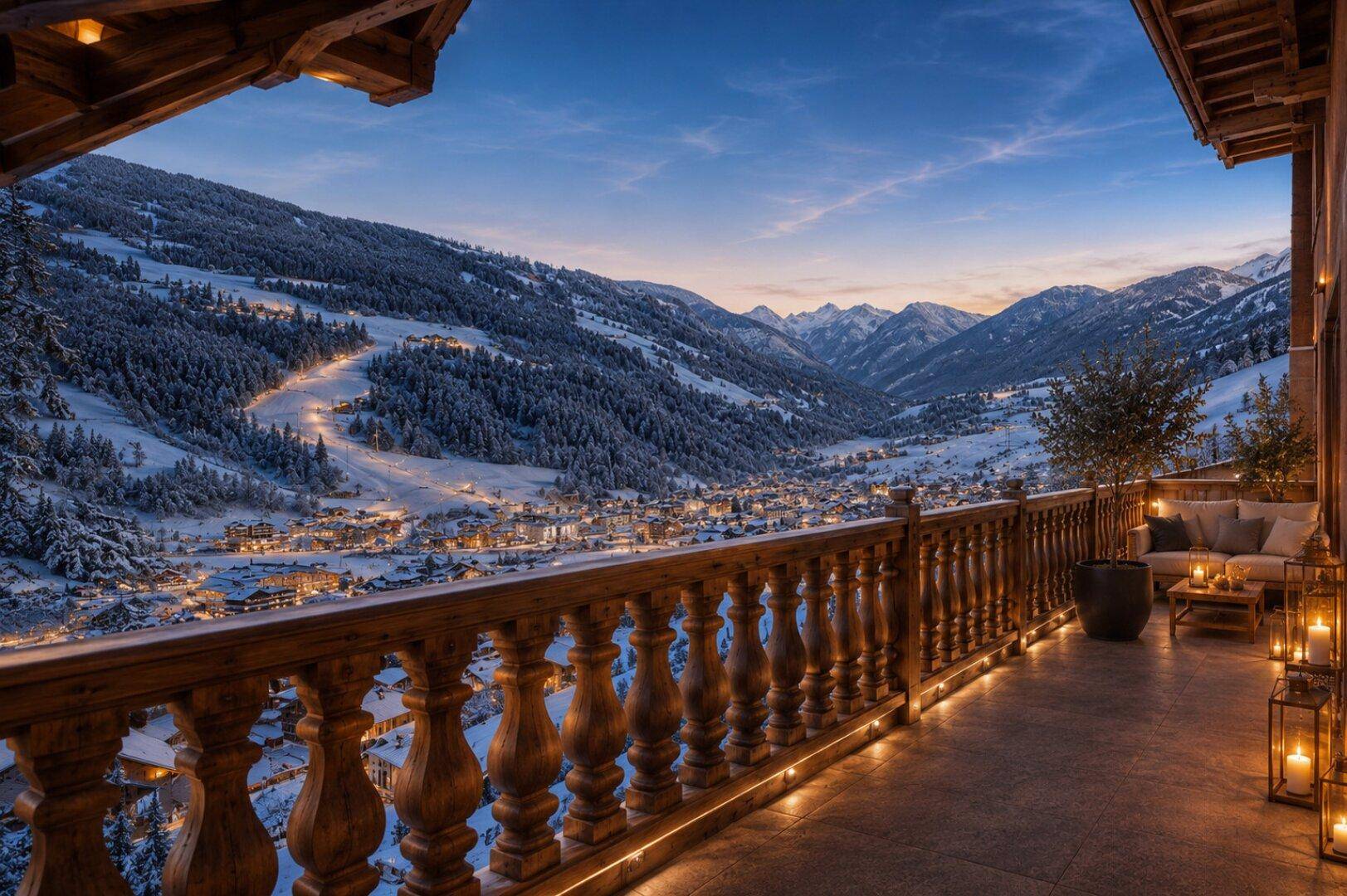 Stimmungsvoller Balkon mit Holzelementen, gemütlichen Möbeln und Panoramablick auf die verschneiten Berge und das beleuchtete Tal.