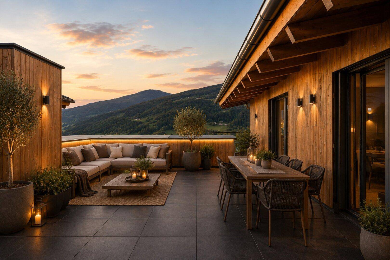 Große Dachterrasse mit Ess- und Loungebereich, umgeben von Bergen und mit Blick auf den Sonnenuntergang.
