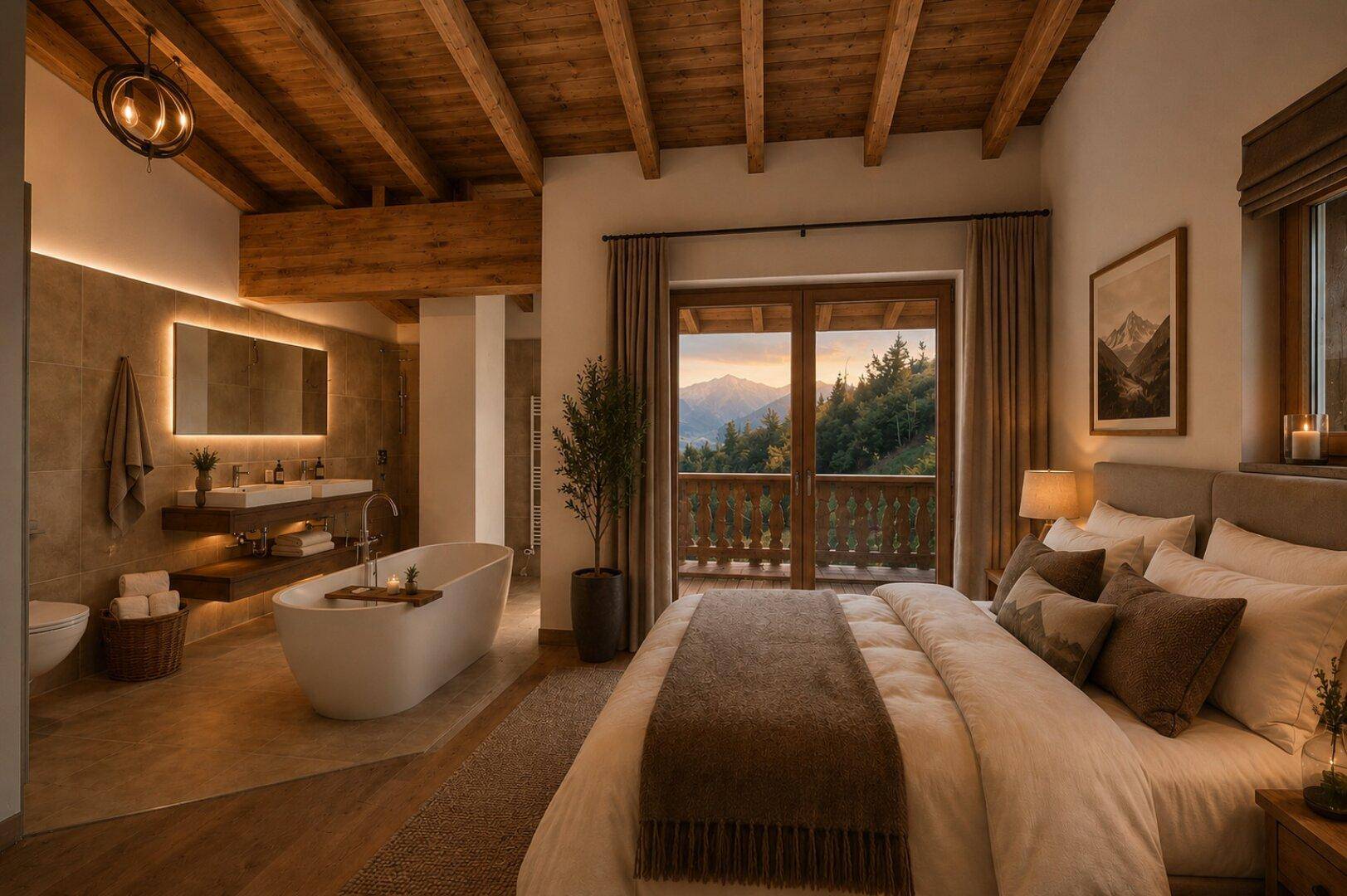 Luxuriöses Schlafzimmer mit offenem Bad, freistehender Badewanne und Balkonzugang mit Bergblick.