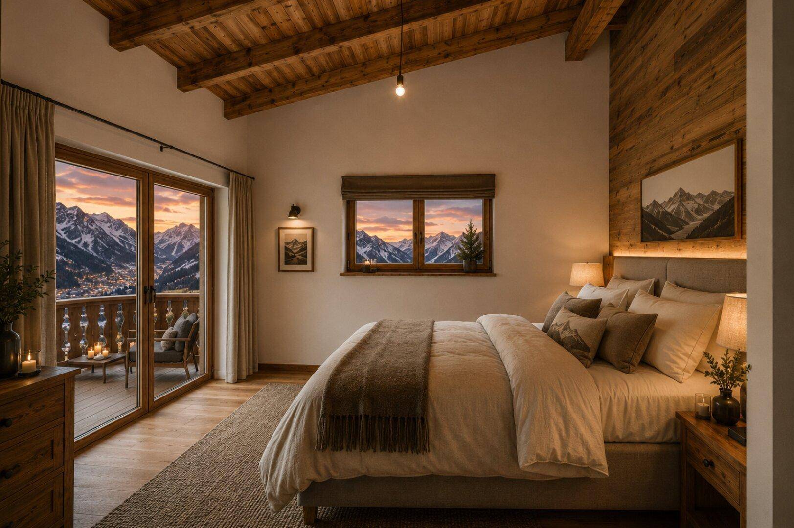 Gemütliches Schlafzimmer mit Holzbalkendecke, Balkonzugang und atemberaubendem Bergblick.