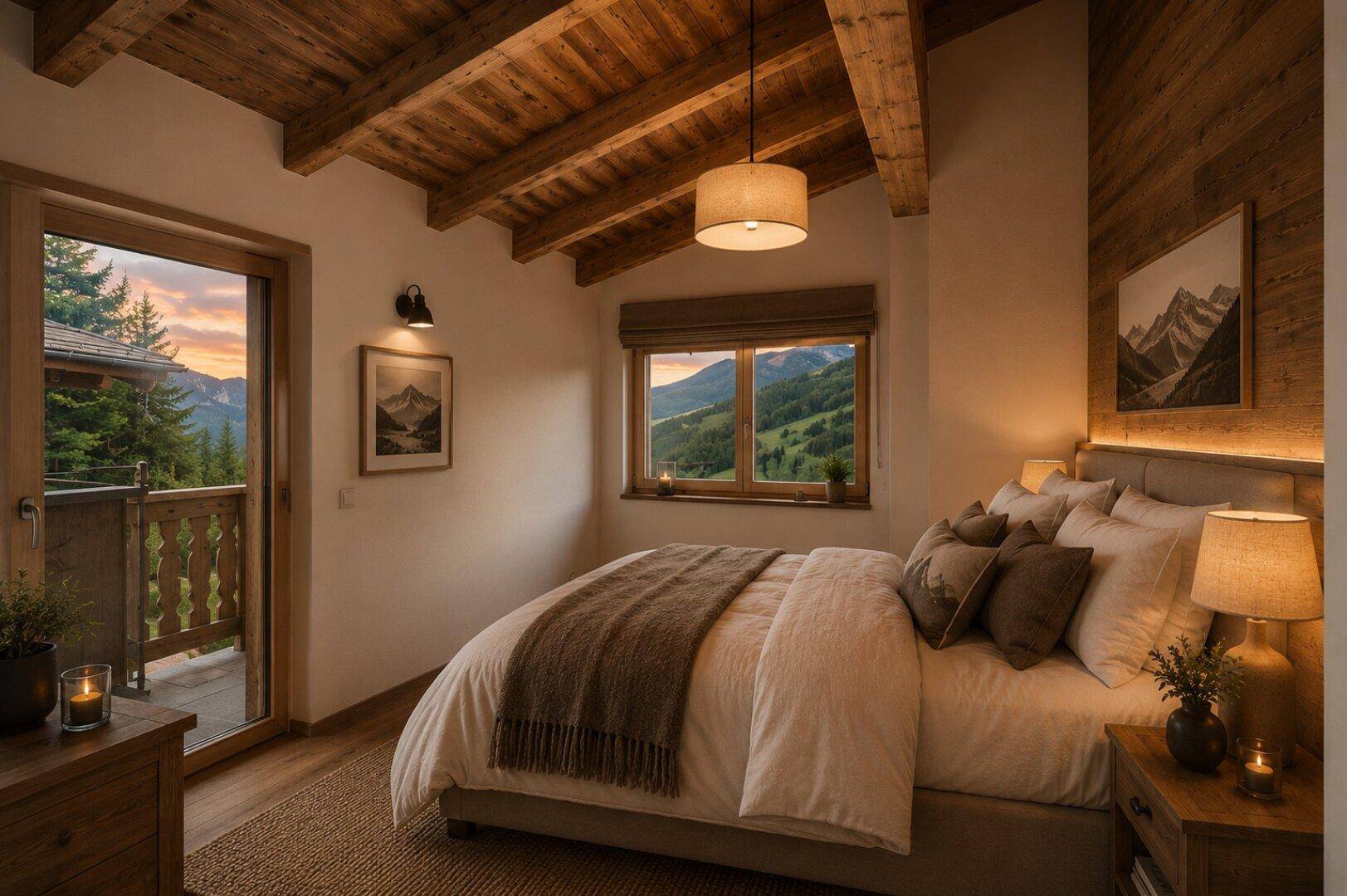 Helles Schlafzimmer mit Holzbalkendecke, Balkonzugang und weitem Blick auf die grüne Berglandschaft.