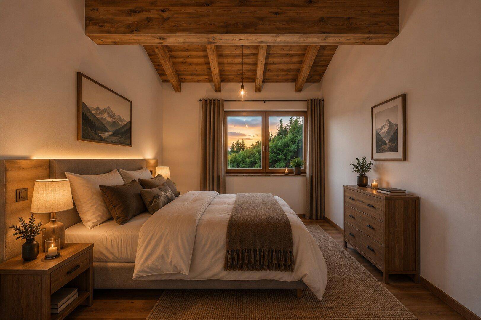 Ruhiges Schlafzimmer mit Holzbalkendecke und Fensterblick auf die umliegende grüne Natur.