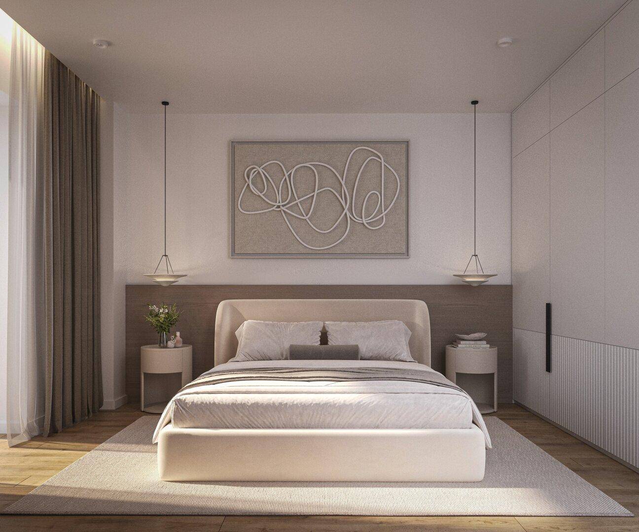 Modernes Schlafzimmer mit hellem Holzboden, minimalistischer Einrichtung und indirekter Beleuchtung.