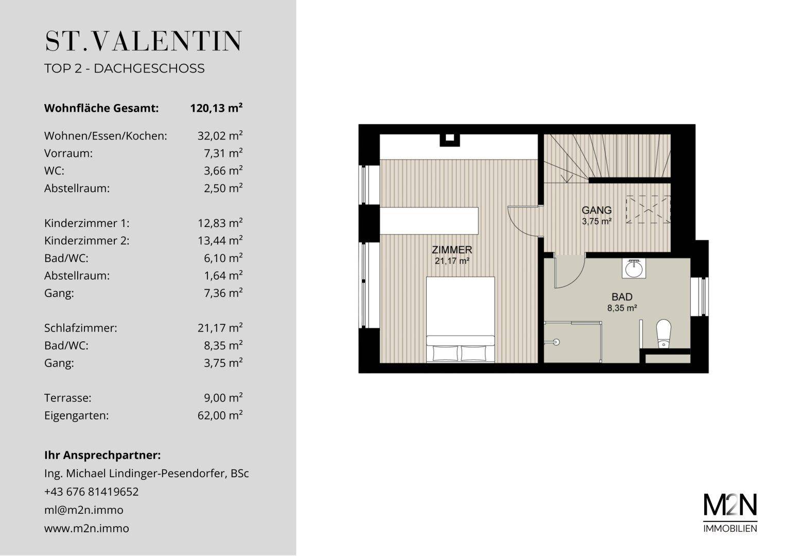 Grundriss des Dachgeschosses mit Hauptschlafzimmer und eigenem Badezimmer.