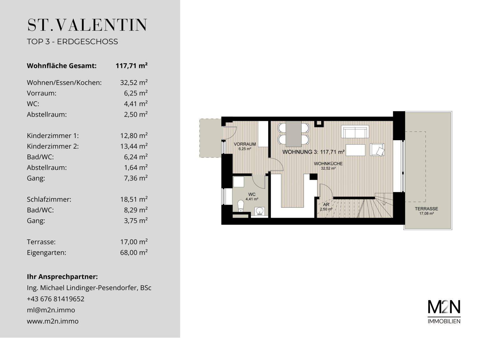 Grundriss des Erdgeschosses von Wohnung TOP 3 mit Terrasse und Eigengarten.