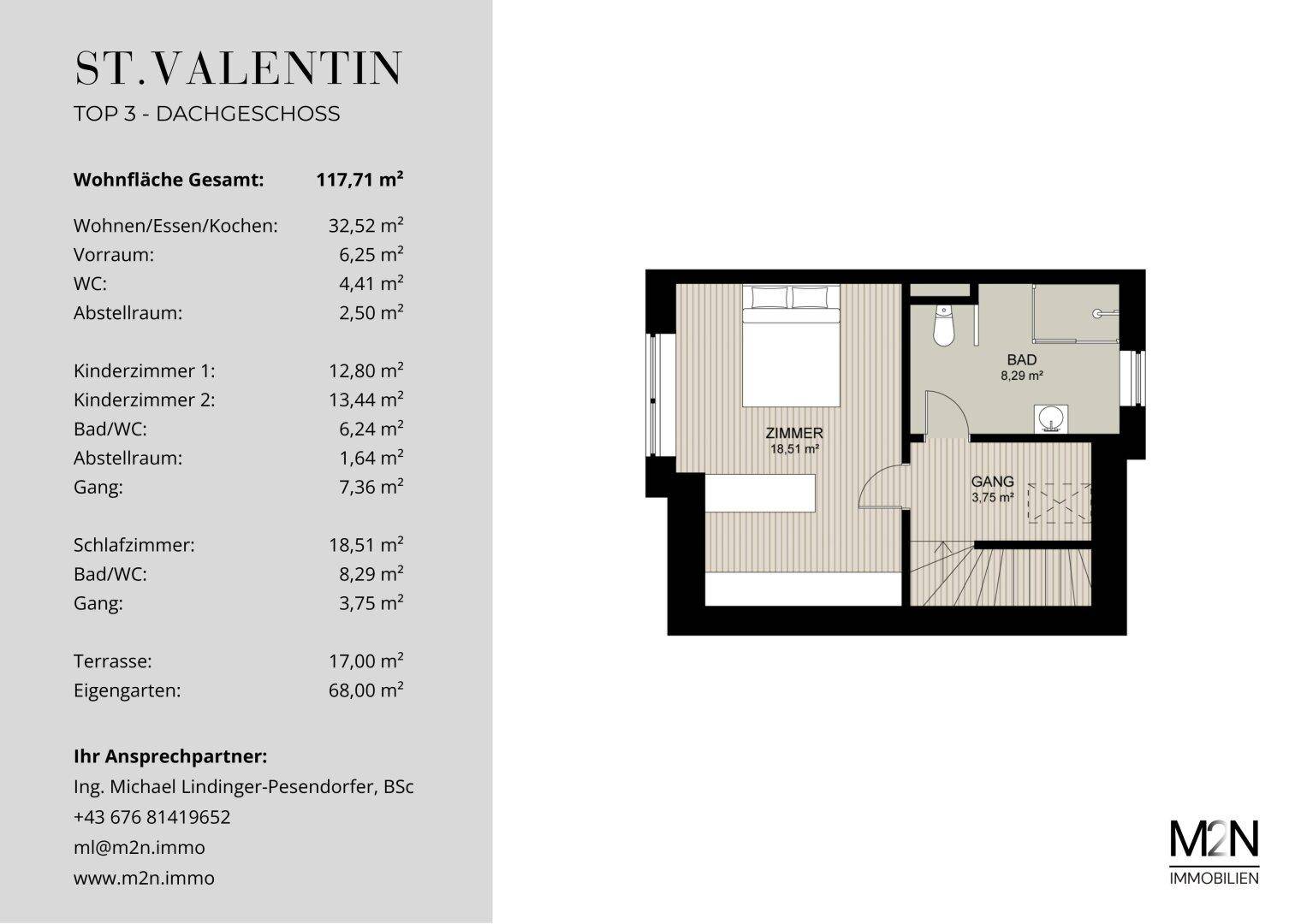 Grundriss des Dachgeschosses von Wohnung TOP 3 mit Schlafzimmer und Bad.