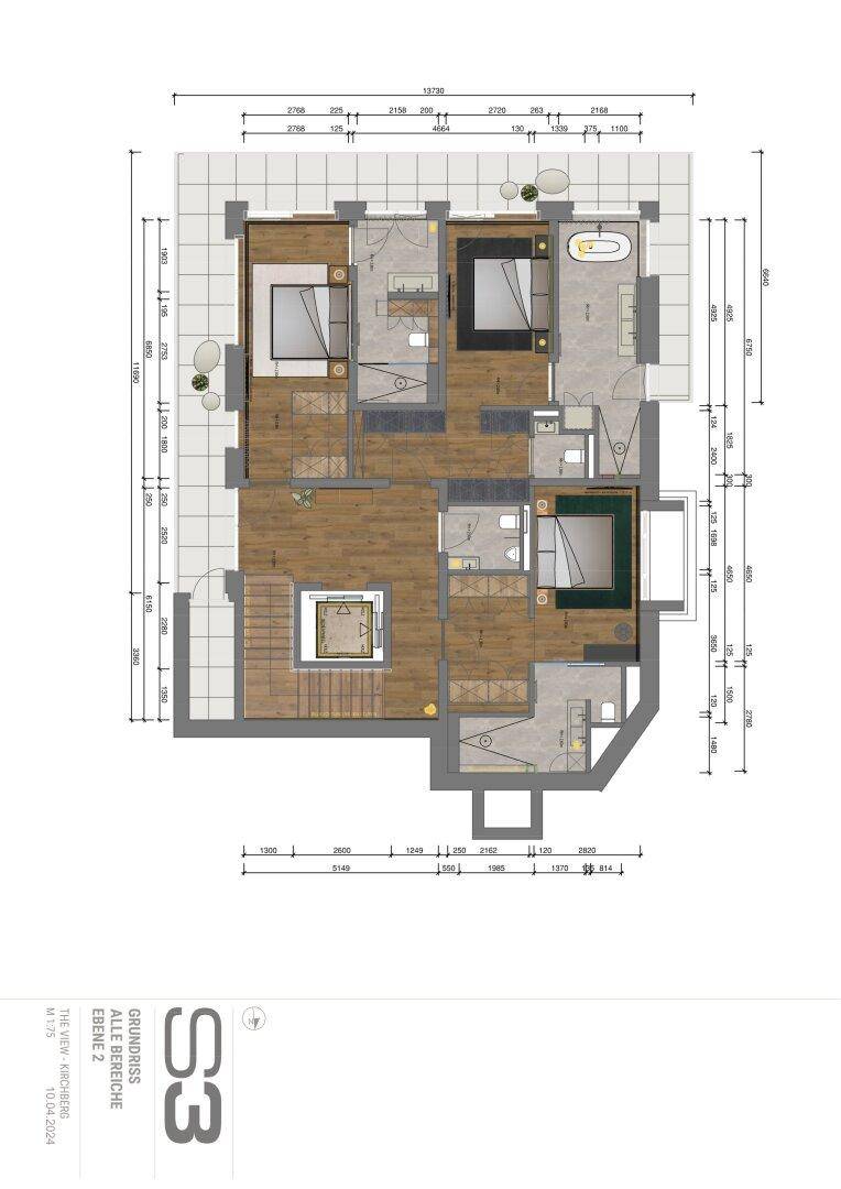 Grundriss der zweiten Ebene mit drei Schlafzimmern und zwei Badezimmern, inklusive Balkon.