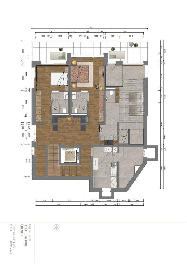 Grundriss der dritten Ebene mit Schlafzimmern, Bädern und Zugang zu einer weiteren Terrasse.