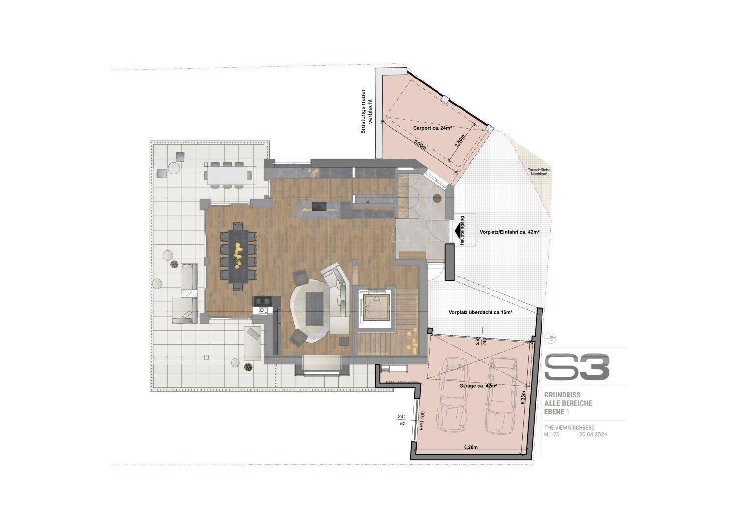 Detaillierter Grundriss der Ebene 1 mit offenem Wohnbereich, großer Terrasse, Carport und Doppelgarage.