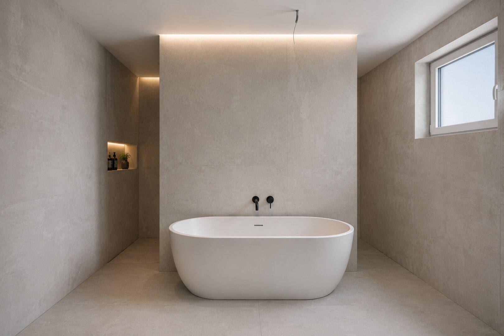Modernes Badezimmer mit freistehender Badewanne, eleganten Fliesen und indirekter Beleuchtung.